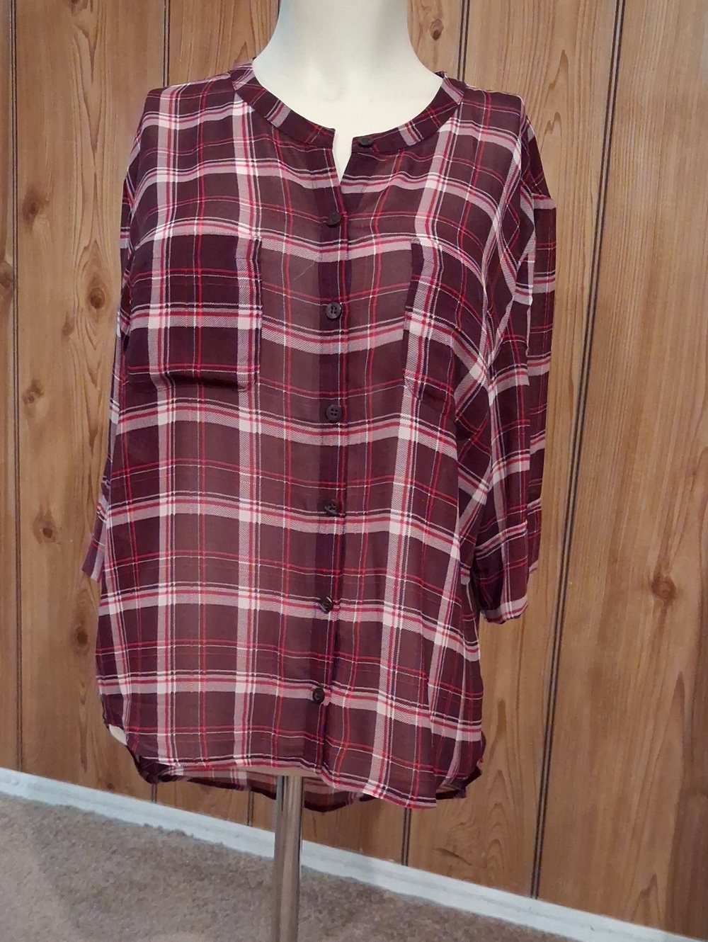New York & Company Burgundy Plaid Button-Down Shirt